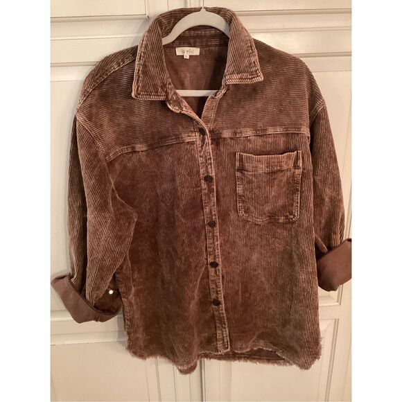 La Miel Corduroy Jacket Shacket Sz L Frayed Hem Coffee - Picture 2 of 9